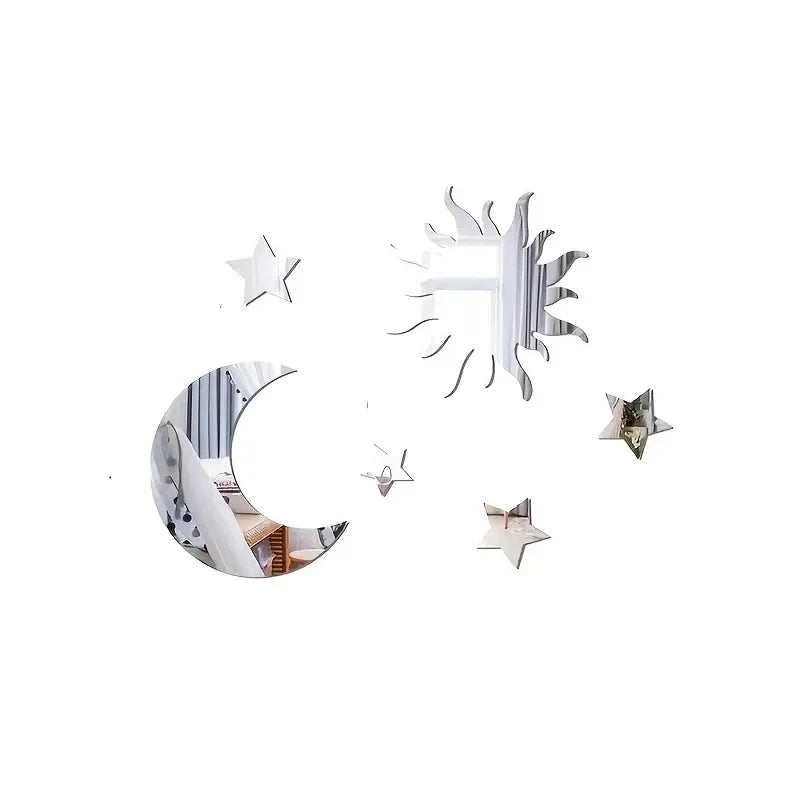 6pcs 3D Star Moon Shaped Mirror Wall Sticker Acrylic Self-adhesive DIY Removable Ceiling Wall Decals for Living Room Home Decor