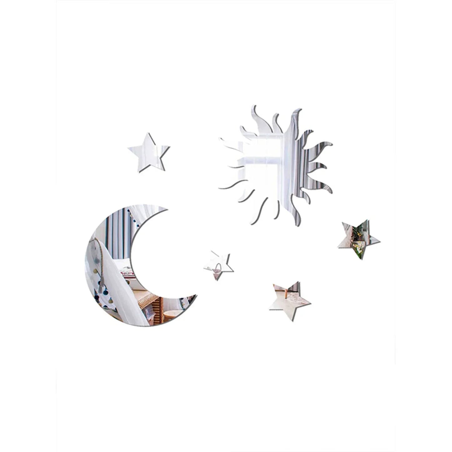 6pcs 3D Star Moon Shaped Mirror Wall Sticker Acrylic Self-adhesive DIY Removable Ceiling Wall Decals for Living Room Home Decor