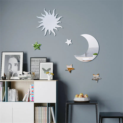 6pcs 3D Star Moon Shaped Mirror Wall Sticker Acrylic Self-adhesive DIY Removable Ceiling Wall Decals for Living Room Home Decor