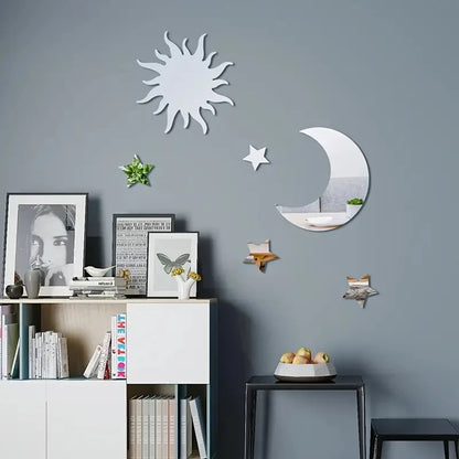 6pcs 3D Star Moon Shaped Mirror Wall Sticker Acrylic Self-adhesive DIY Removable Ceiling Wall Decals for Living Room Home Decor