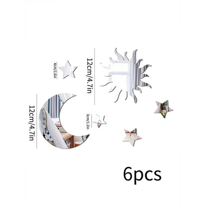 6pcs 3D Star Moon Shaped Mirror Wall Sticker Acrylic Self-adhesive DIY Removable Ceiling Wall Decals for Living Room Home Decor