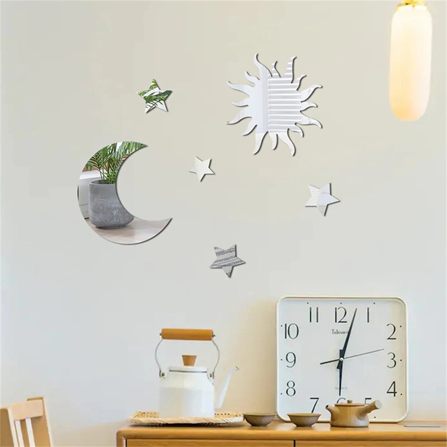 6pcs 3D Star Moon Shaped Mirror Wall Sticker Acrylic Self-adhesive DIY Removable Ceiling Wall Decals for Living Room Home Decor