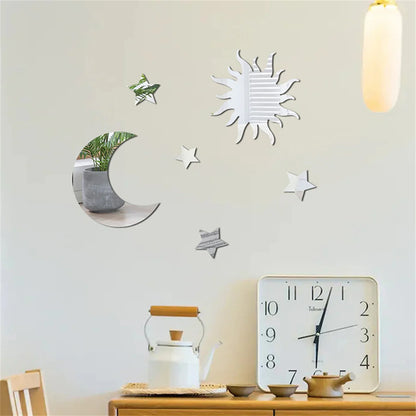 6pcs 3D Star Moon Shaped Mirror Wall Sticker Acrylic Self-adhesive DIY Removable Ceiling Wall Decals for Living Room Home Decor